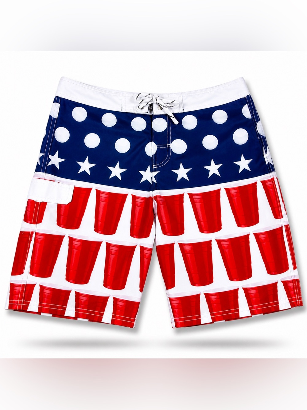 Carbon Mens 34 Patriotic Swim Trunks Red Cup "Beer Pong" USA Flag Board Shorts